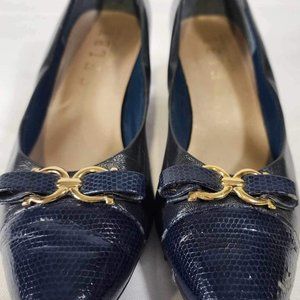 Selby Navy Blue Pumps Size 7 w/ Snakeskin Print Detailing & Gold Embellishment